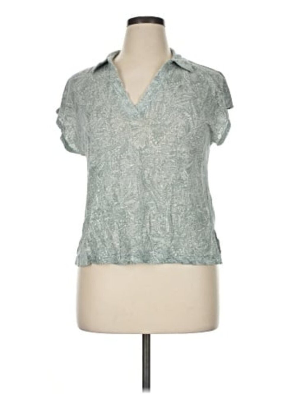 Nicole Miller New York Short Sleeve Green Patterned Top-100% Linen